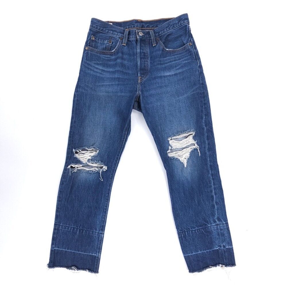 LEVIS 501 Cropped Jeans Bottom Line Raw Hem Distressed Beachy Boho Grunge 27x26
